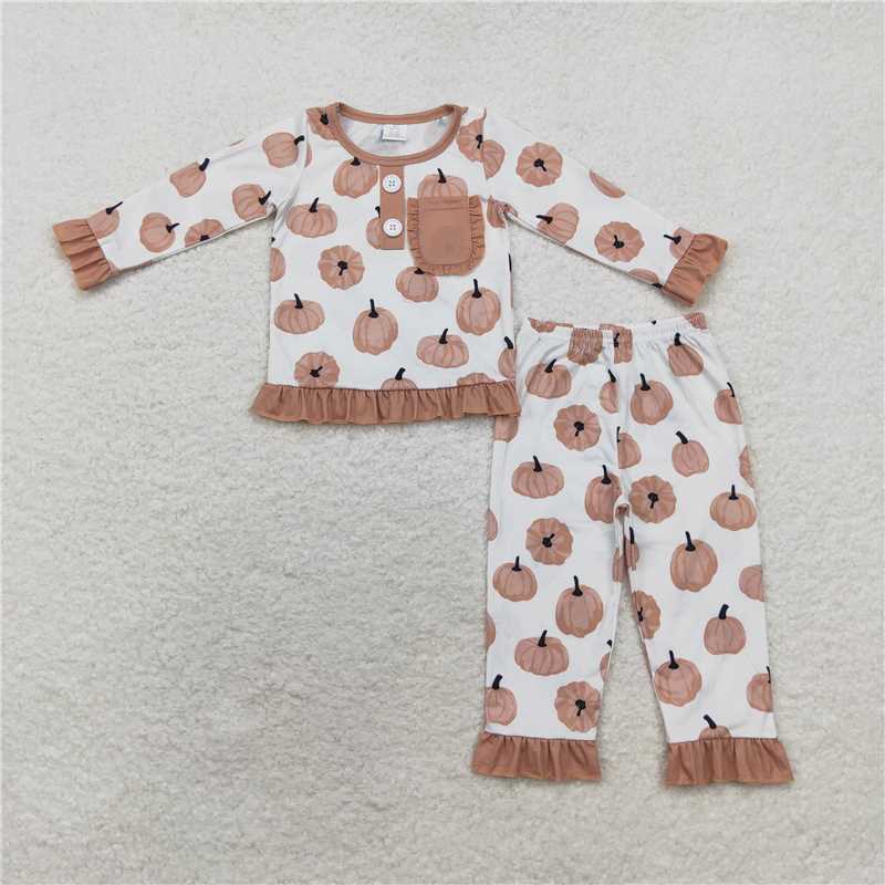GLP1402Long sleeves pumpkin ruffle baby girls bamboo fall pajamas