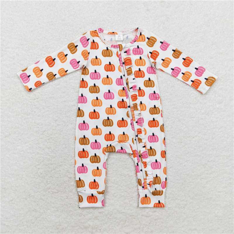 LR1219Pink pumpkin long sleeves baby girls zipper fall romper