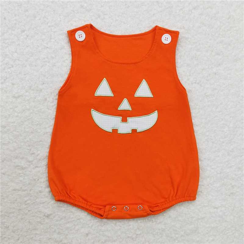 SR1937 Baby Infant Boys Orange Halloween Face Sleeveless Rompers