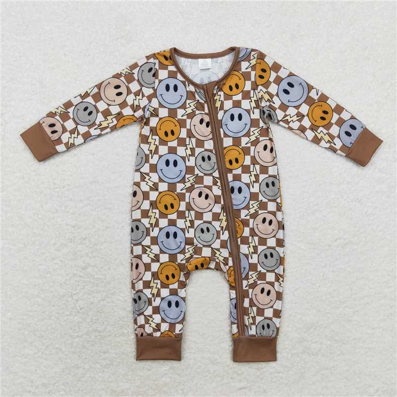 RTS LR0961 Modal Smiley Lightning Brown Plaid Zipper Long Sleeve Bodysuit