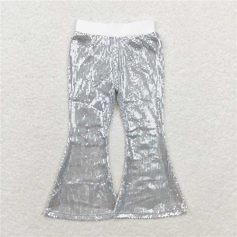 P0496 Baby Girls Sequin Silver Bell Bottom Pants