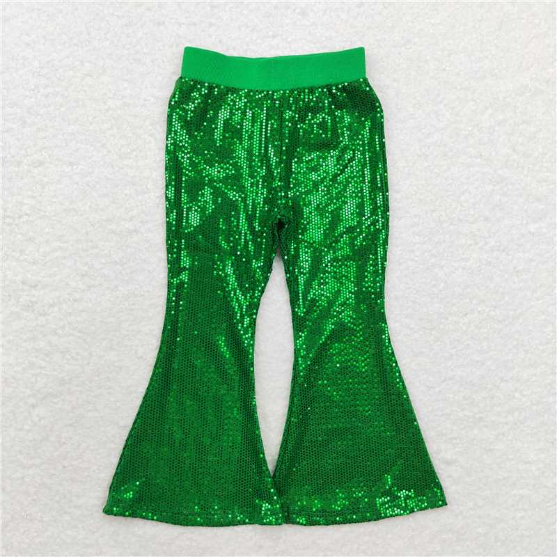 P0498 Baby Girls Sequin Green Bell Bottom Pants