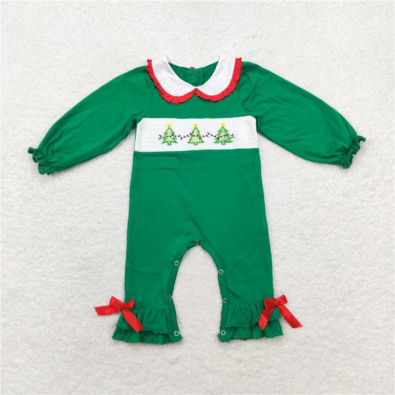 12.1 RTS NO MOQ (In stock)LR1119 Baby Infant Girls Christmas Tree Green Smocked Rompers
