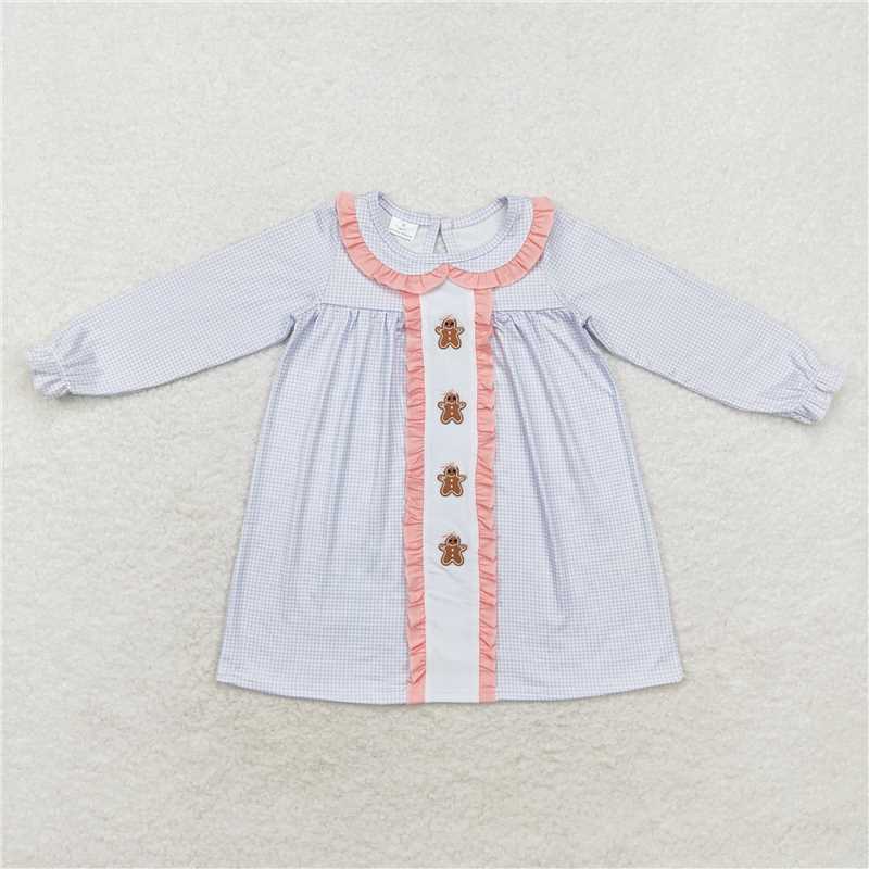 GLD0571 Baby Girls Blue Checkered Gingerbread Long Sleeve Knee Length Dresses