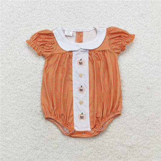 USA Shop (in stock)SR1879  Baby Infant Girls Fall Orange Checkered Pumpkin Short Sleeve Rompers