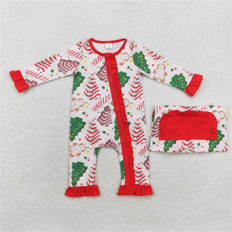 12.2 RTS NO MOQ (In stock)LR1149 Baby Infant Girls Christmas Tree Cake Long Sleeve Zip Rompers
