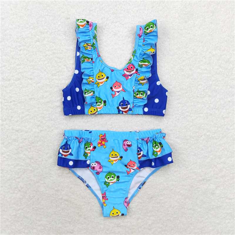 S0280 Baby Girls Summer Blue Sharks 2pcs Ruffle Swimsuits