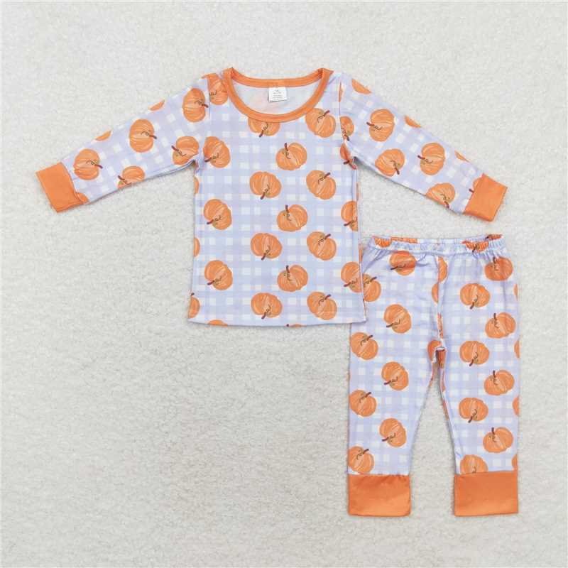 BLP0584Blue plaid long sleeves pumpkin kids boys bamboo fall pajamas