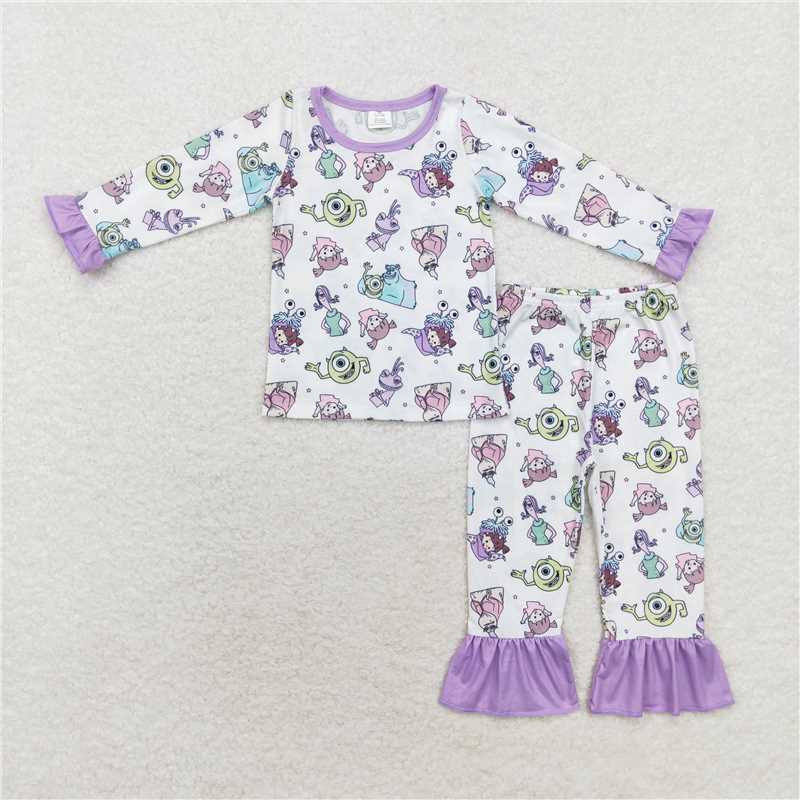GLP1424Lavender long sleeves monster kids girls pajamas