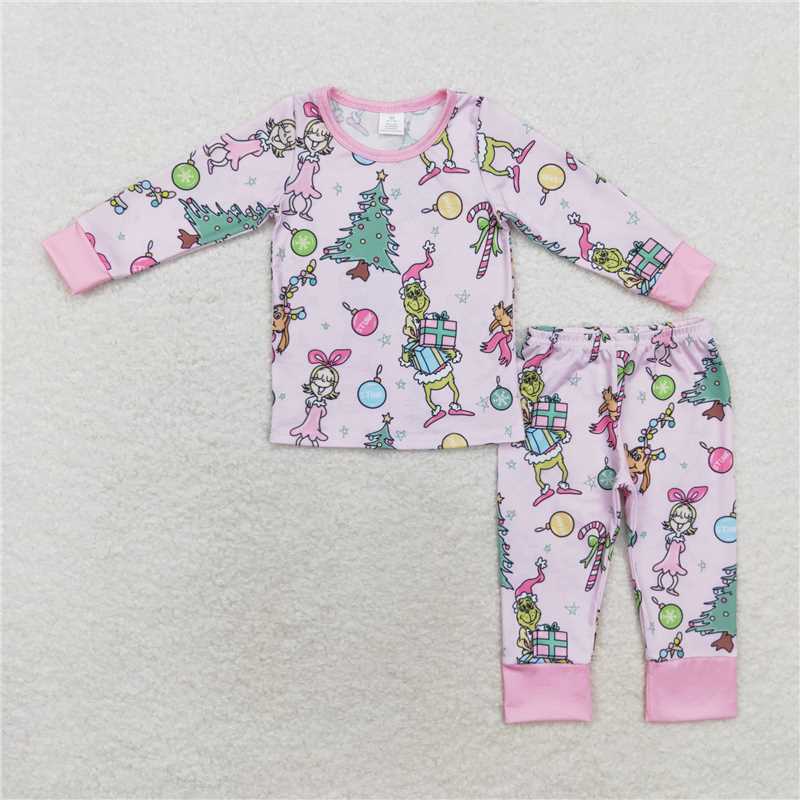 12.9 RTS NO MOQ (In stock)GLP1220 Baby Girls Pink Christmas Cindy Shirt Pants Bamboo Pajamas Clothes Sets