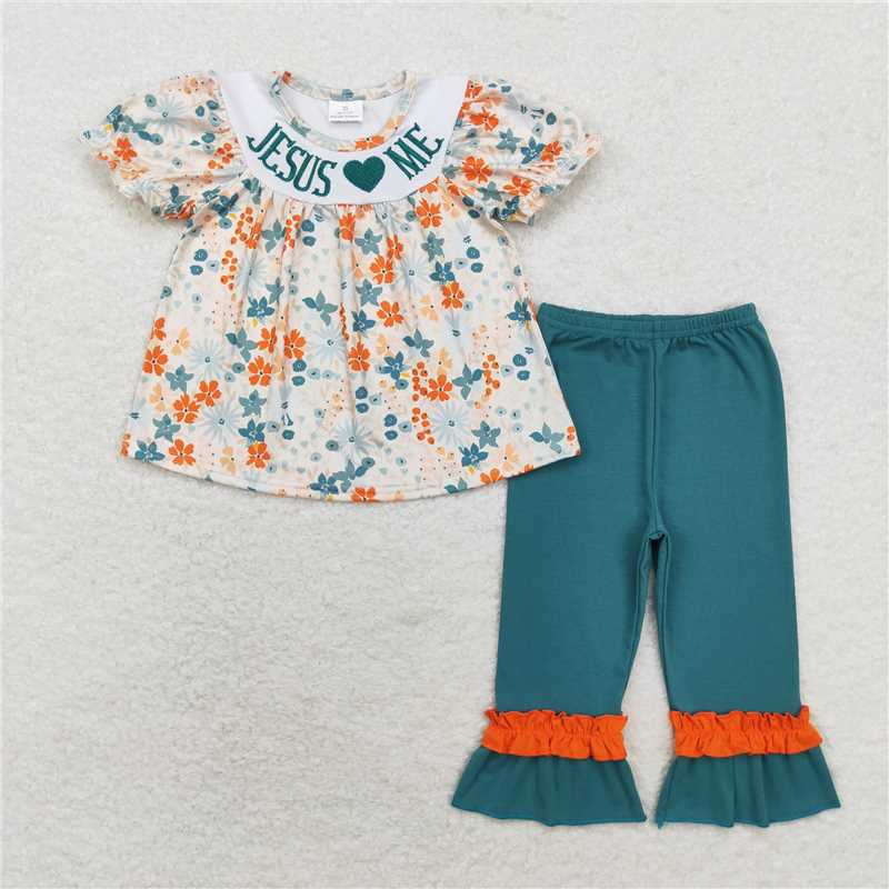 GSPO1659 jesus love me embroidered flower short-sleeved green short-sleeved trousers suit