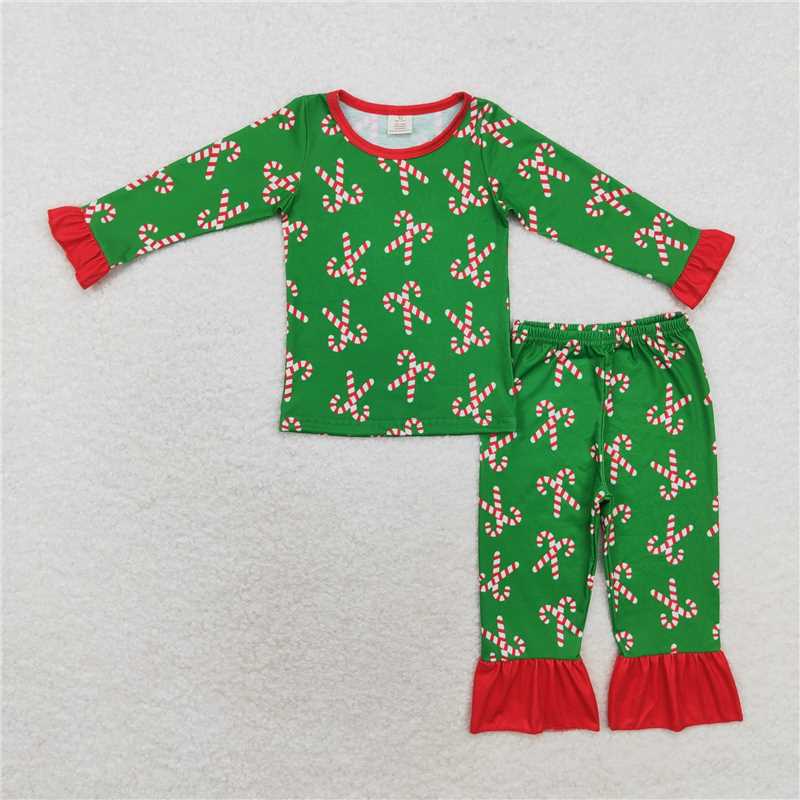 12.11 RTS NO MOQ (In stock)Matching Christmas GLP1387 Baby Girls Christmas Candy Cane Top Pants Bamboo Pajamas Clothes Sets