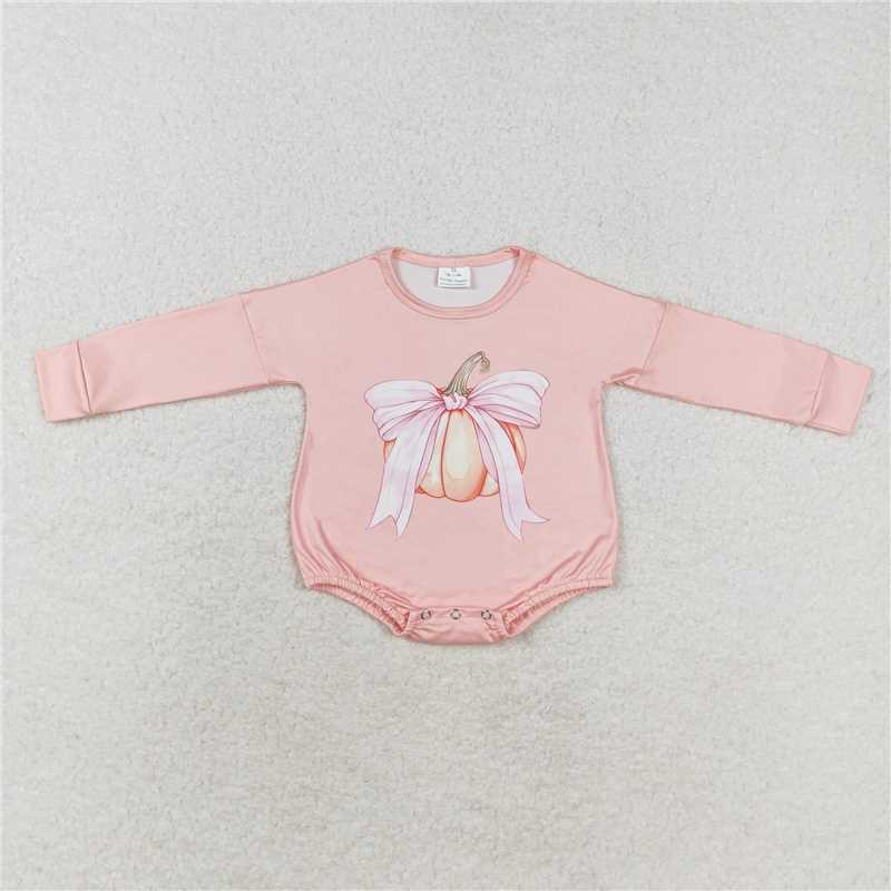 LR1444Long sleeves bow pumpkin baby girls fall romper