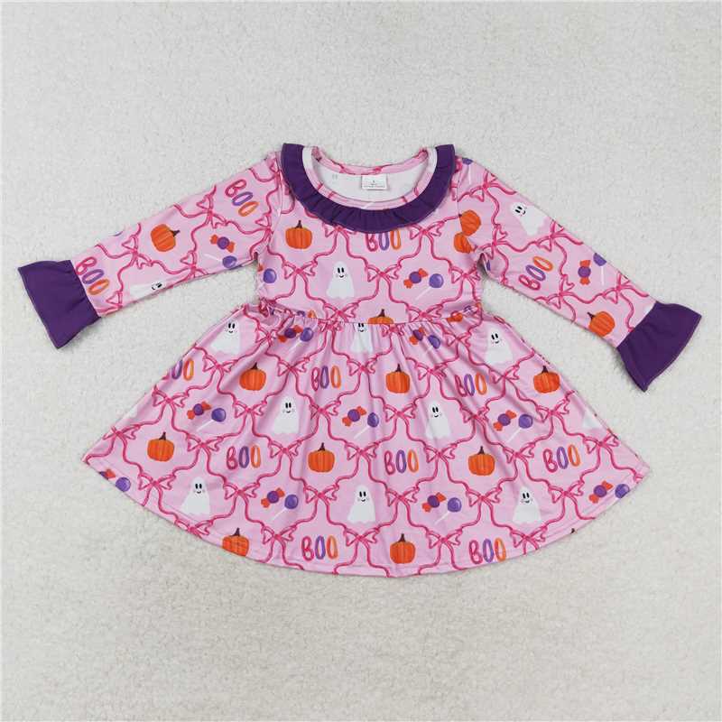 GLD0691Purple ruffle pink bow pumpkin ghost girls Halloween dress