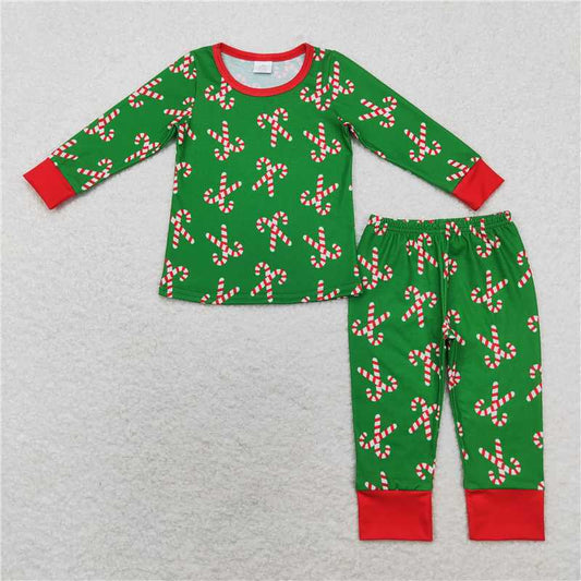 BLP0599Green candy cane long sleeves kids boys Christmas pajamas