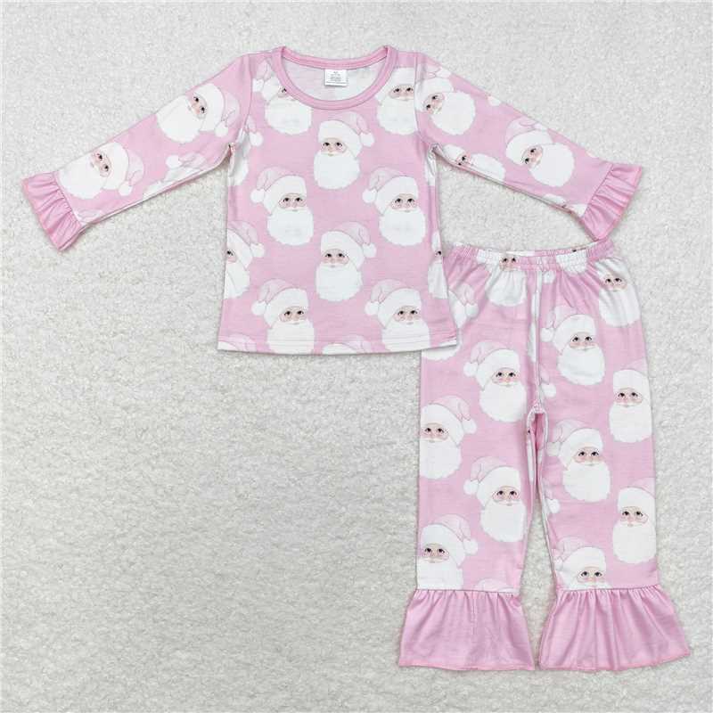 12.9 RTS NO MOQ (In stock)GLP1534 Baby Girls Christmas Pink Santa Bamboo Pajamas Clothes Sets