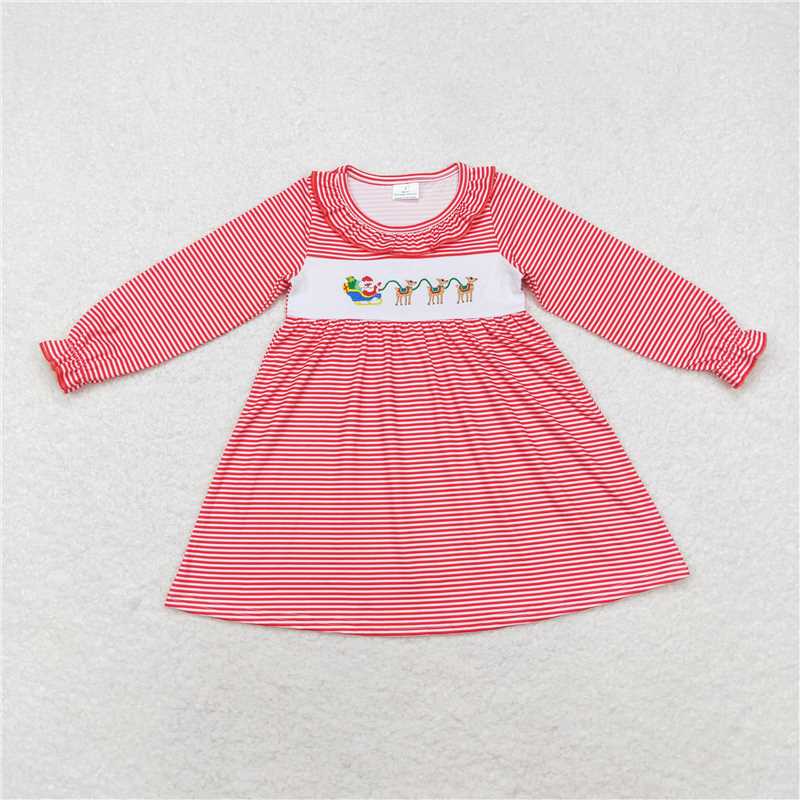 11.22 RTS NO MOQ (In stock)GLD0632 Baby Girls Red Stripes Santa Deers Knee Length Dresses