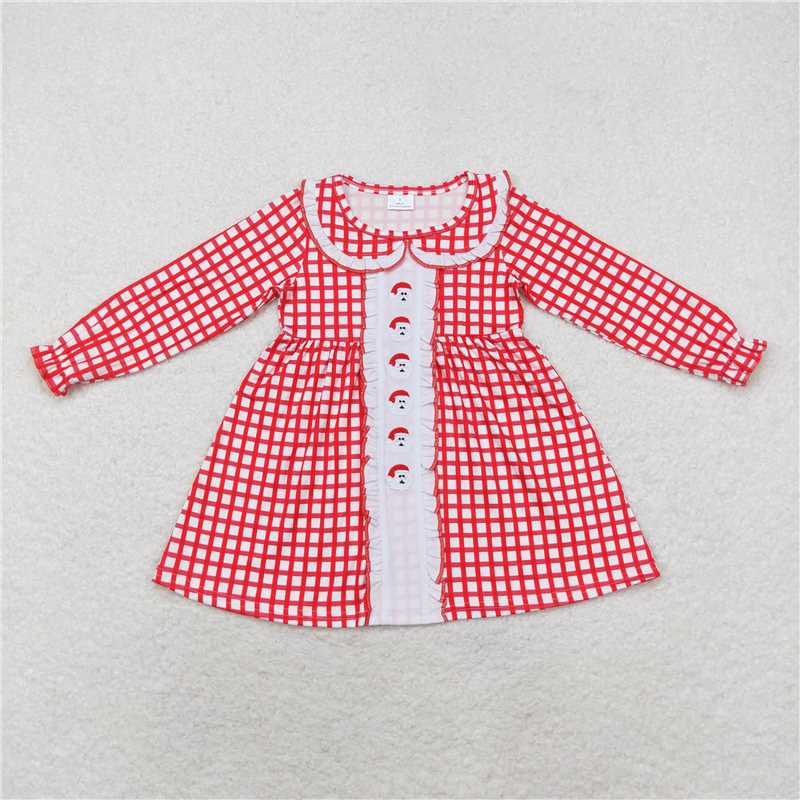 GLD0612Long sleeves red plaid santa kids girls Christmas dress