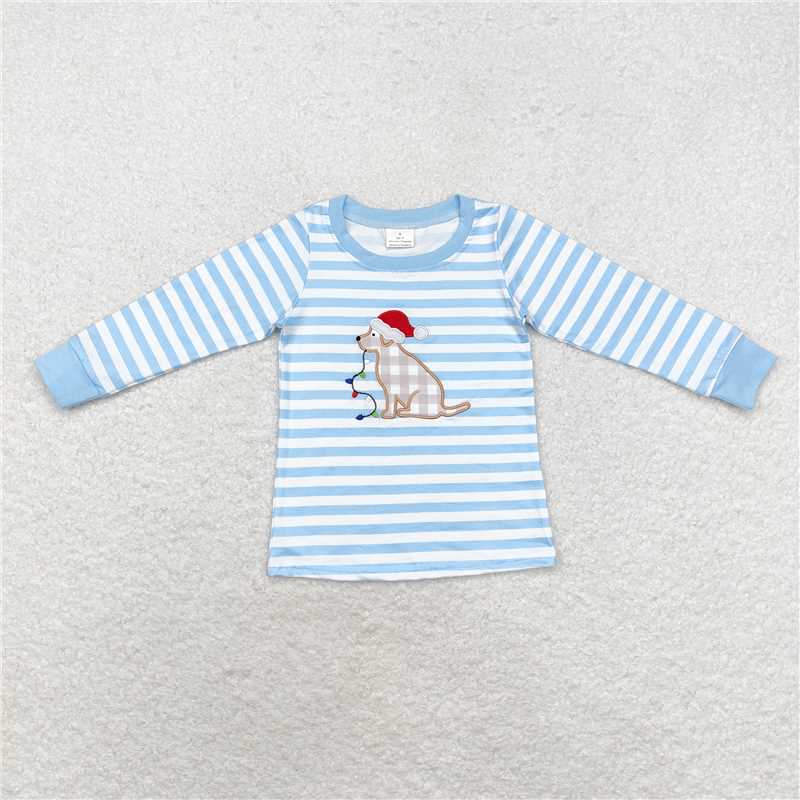 BT0791 Baby Boys Christmas Blue Stripes Dog Tee Shirts Tops