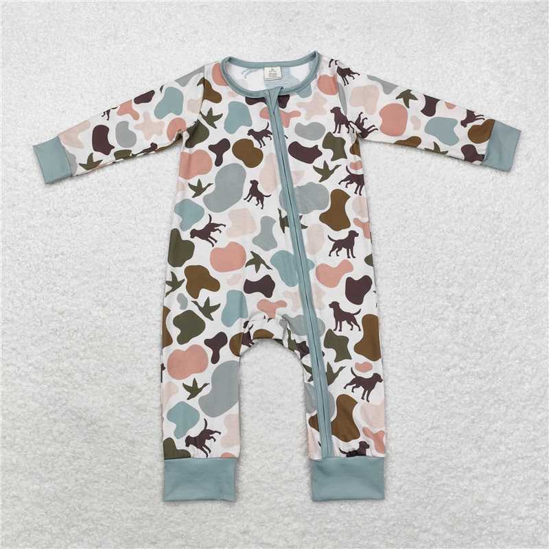 11.3 RTS NO MOQ (In stock)Matching LR1387 Baby Infant Boys Camo Dogs Duck Bamboo Zip Rompers