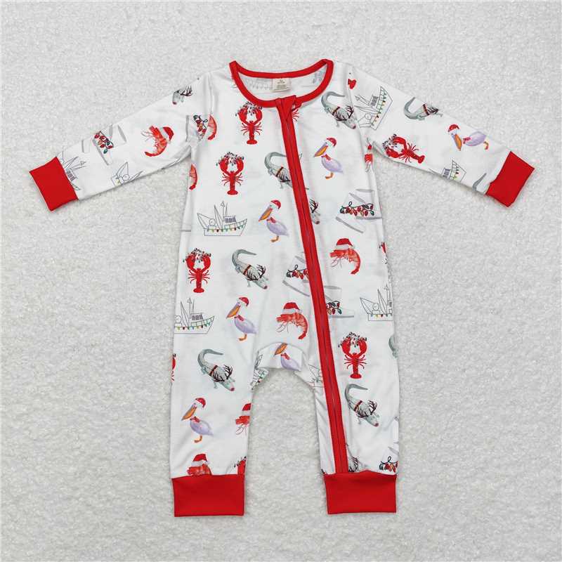 RTS LR1399 Modal Ship Crayfish Crocodile Red and White Zipper Long Sleeve Jumpsuit
