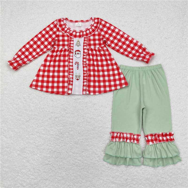 12.10 RTS NO MOQ (In stock)GLP1439 Baby Girls Checkered Santa Tunic Ruffle Pants Clothes Sets
