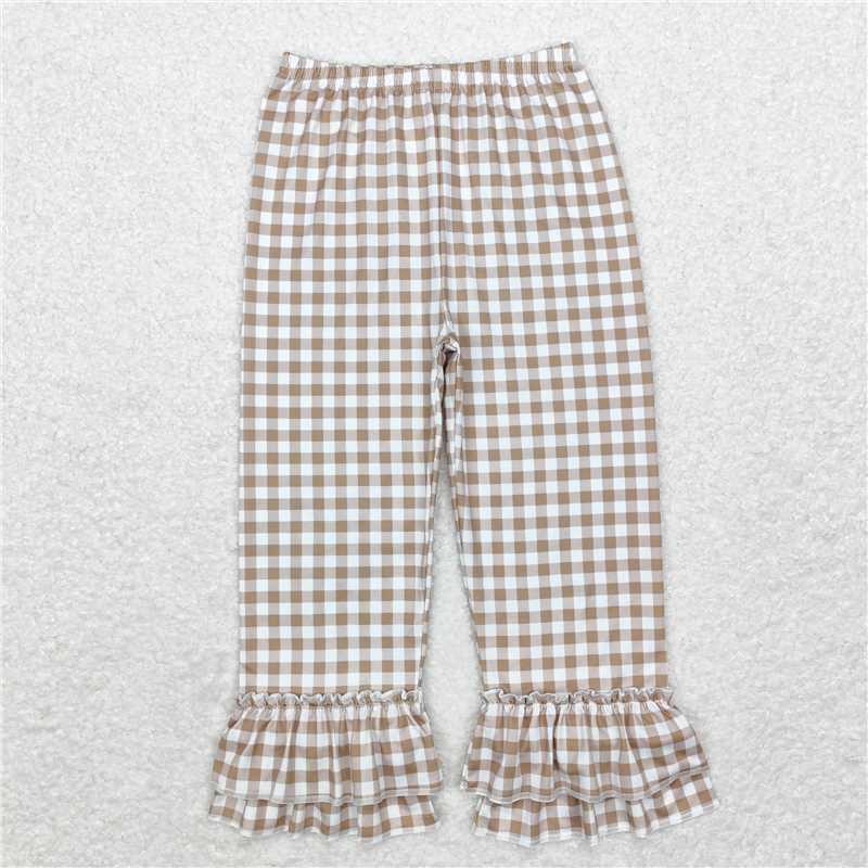 P0607 Baby Girls Khaki Checkered Ruffle Pants