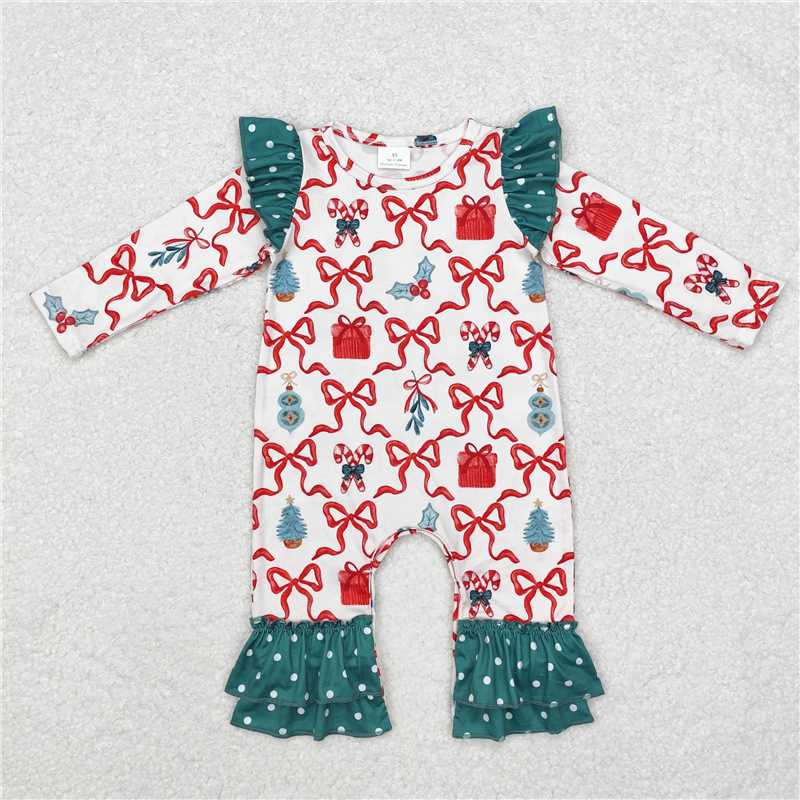 LR1285Polka dots bow gift baby girls ruffle Christmas romper