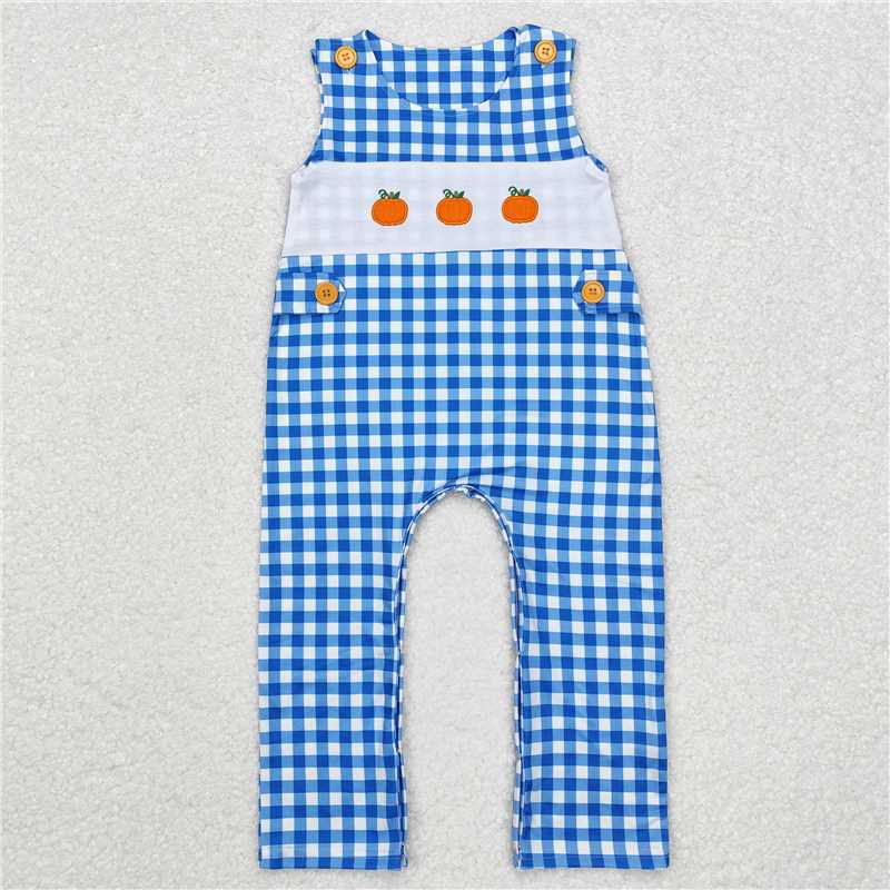 SR1949 Baby Infant Boys Blue Checkered Pumpkin Rompers