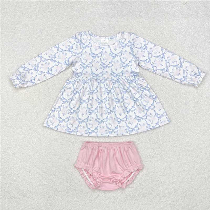 GBO0426 Baby Girls Blue Bows Flowers Tunic Bummie Clothes Sets