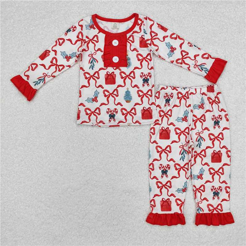 12.9 RTS NO MOQ (In stock)GLP1201 Baby Girls Christmas Candy Cane Bamboo Pajamas Outfits Clothes Sets