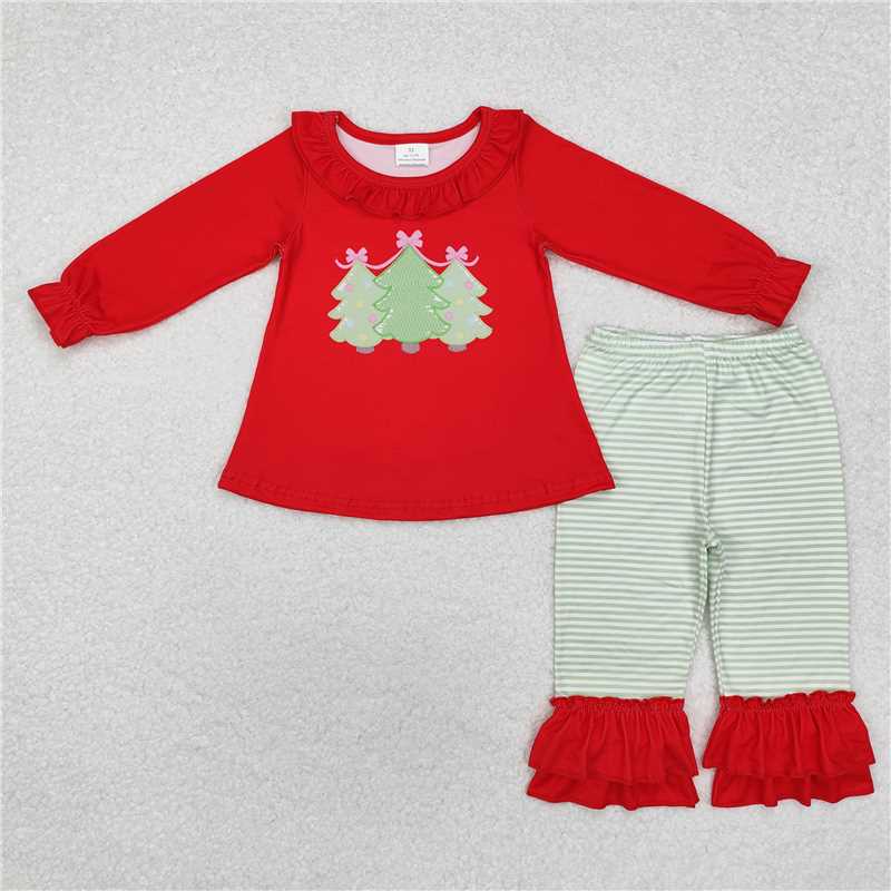 12.6 RTS NO MOQ (In stock)GLP1672 Baby Girls Red Christmas Tree Tunic Ruffle Pants Clothes Sets