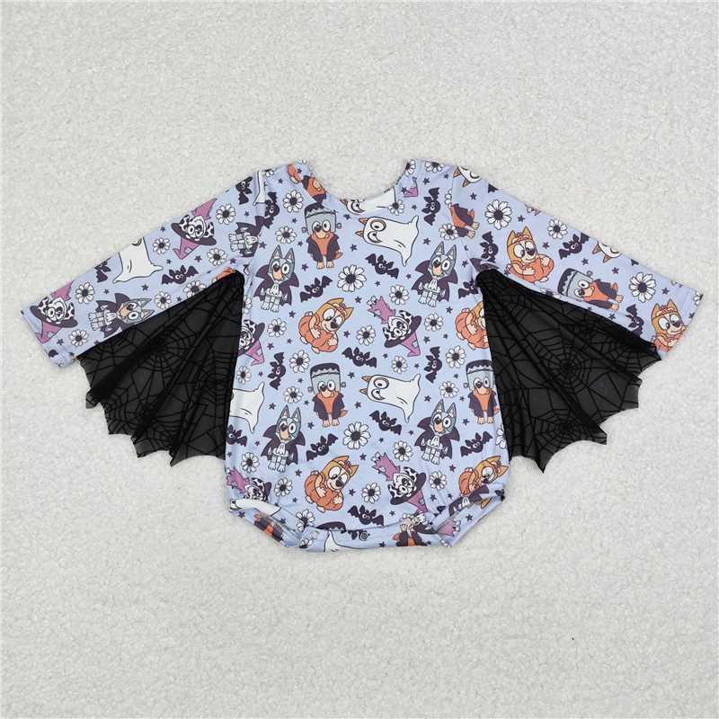 LR1341Long sleeves dog bat floral baby girls Halloween romper