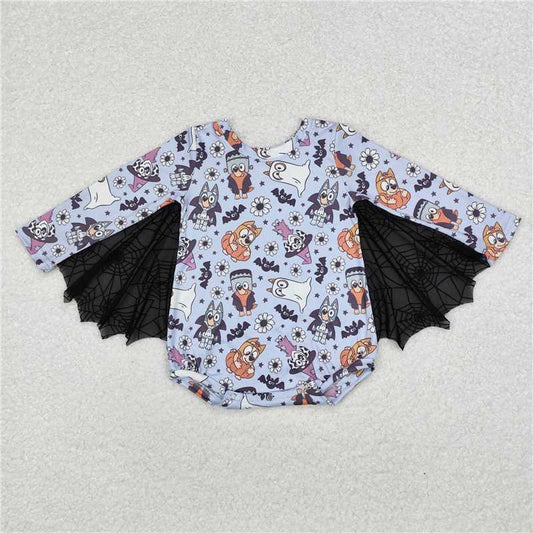 LR1341Long sleeves dog bat floral baby girls Halloween romper