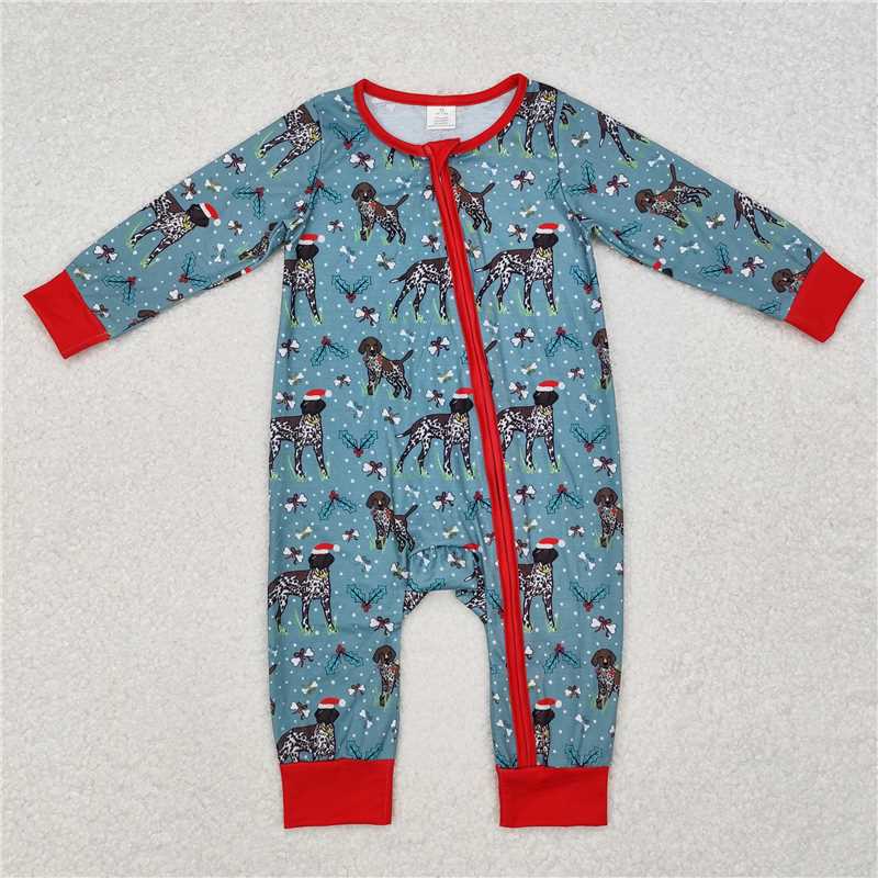 RTS LR1768 Modal Christmas puppy red and green zipper long-sleeved jumpsuit