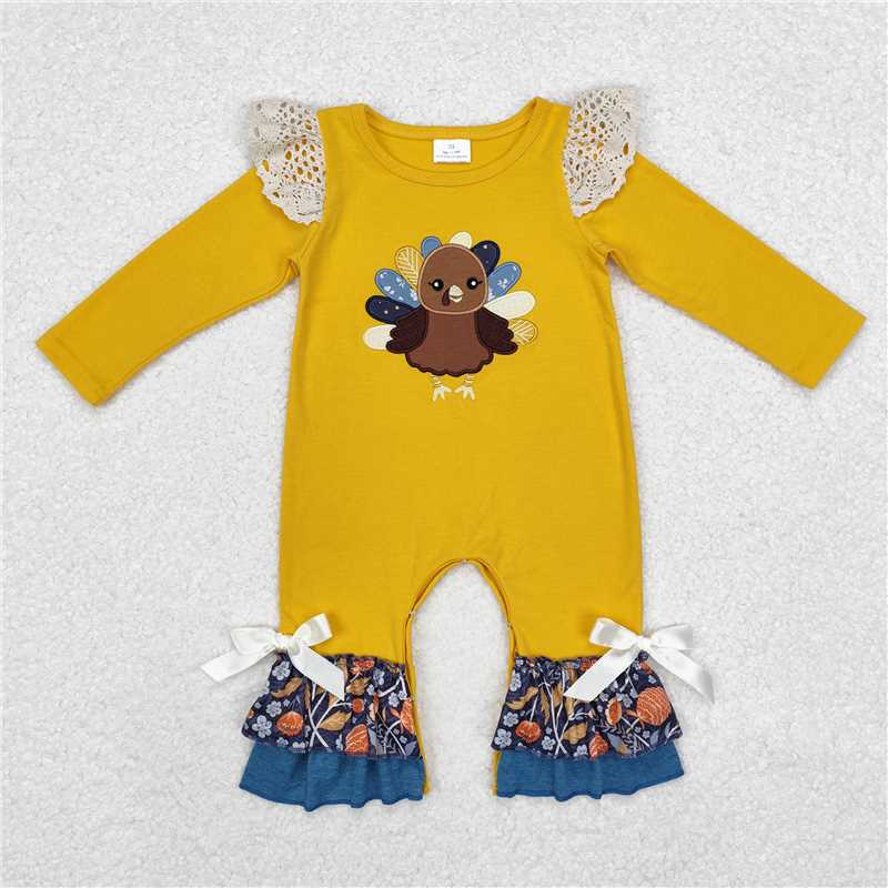 LR1423Mustard turkey ruffle baby girls Thanksgiving romper