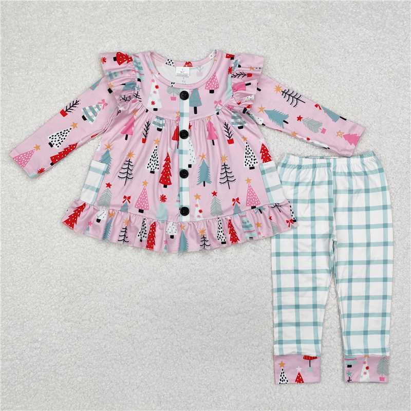 12.6 RTS NO MOQ (In stock)GLP1998 Baby Girls Christmas Pink Trees Pocket Tunic Top Legging Clothes Sets