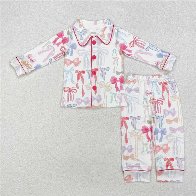 GLP2076Colorful bow kids girls button down pajamas