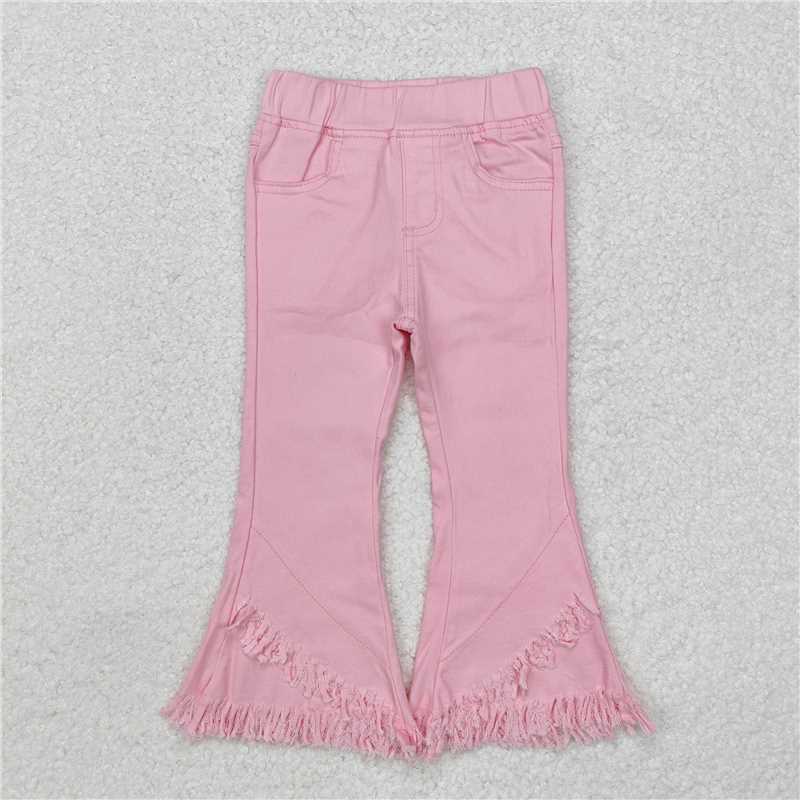 P0463 ) Baby Girls Elastic Pink Fringe Ruffle Denim Jeans
