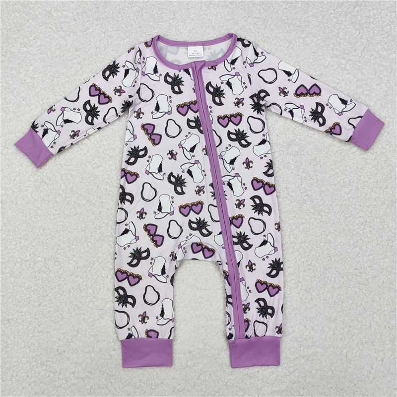 12.18 RTS NO MOQ (In stock)LR2038 Baby Infant Girls Purple Mardi Gras Zip Long Sleeve Rompers