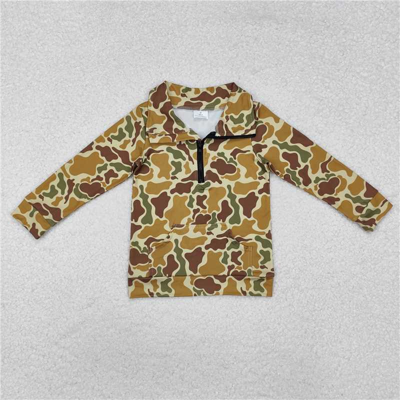 11.4 RTS NO MOQ (In stock)Matching BT1039 Baby Boys Dark Khaki Camo Zip Pocket Pullovers Tops