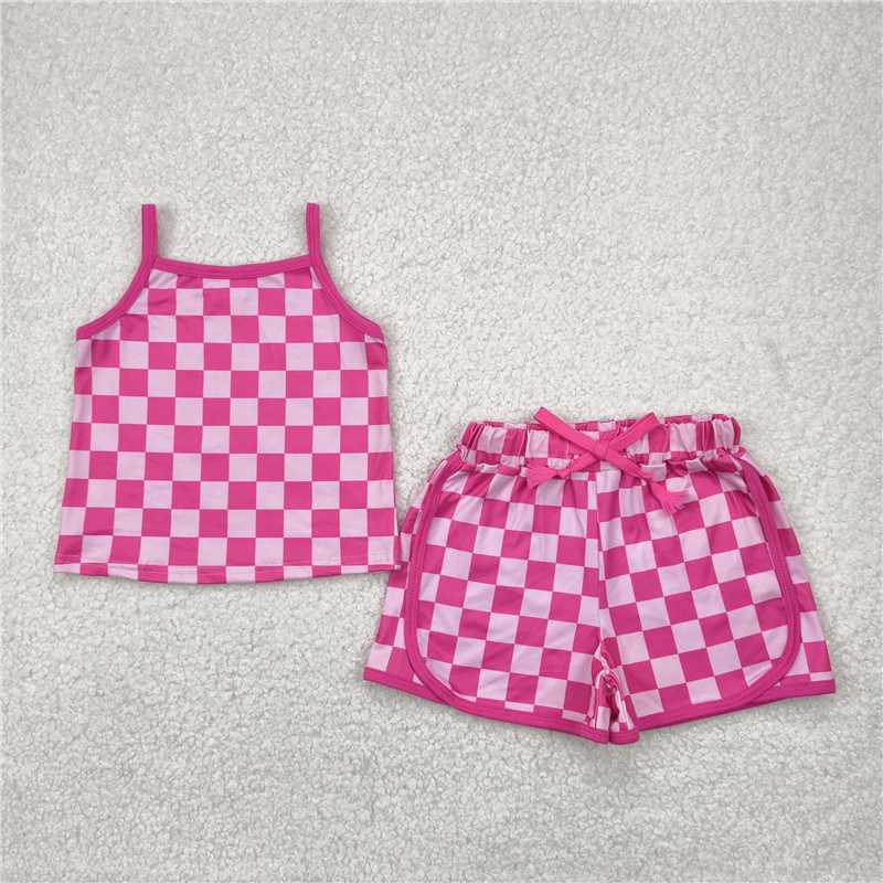 12.15 RTS NO MOQ (In stock)Matching GSSO2336 Baby Girls Pink Strap Plaid Top Short Sports Sets