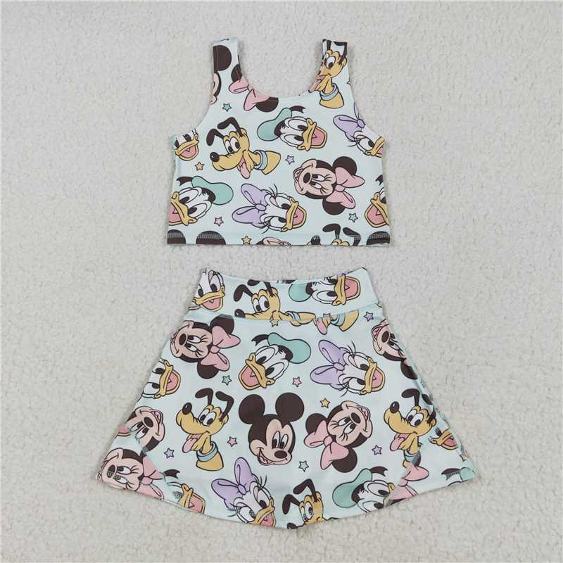 12.18 RTS NO MOQ (In stock)Matching GSD2353 Baby Girls Sleeveless Cartoon Mouse Ducks Top Skort Yoga Sets