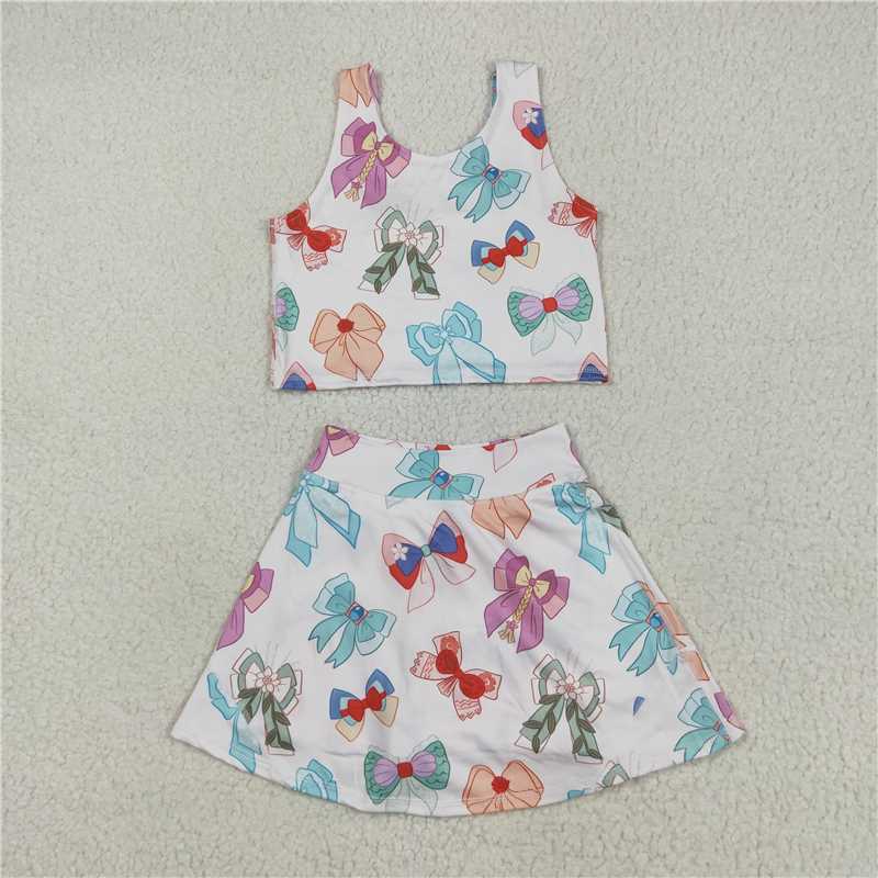 12.17 RTS NO MOQ (In stock)Matching GSD2046 Baby Girls Colorful Hero Bows Athletic Active Wear Top Shorts Skirts Clothes Sets