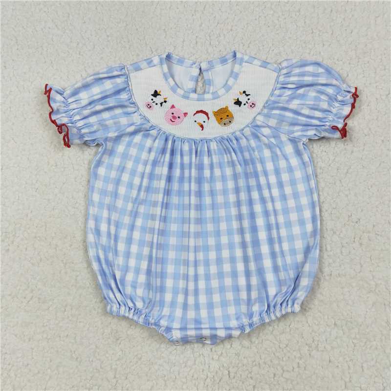 11.14 RTS NO MOQ (In stock)Matching SR2981 Baby Infant Girls Blue Plaid Cows Pigs Farm Smocked Rompers