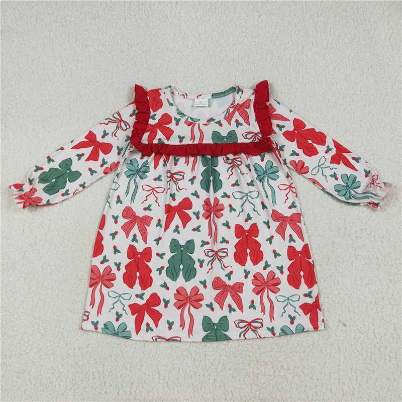 12.10 RTS NO MOQ (In stock)Matching Christmas GLD1046 Baby Girls Christmas Red Green Bows Knee Length Dresses
