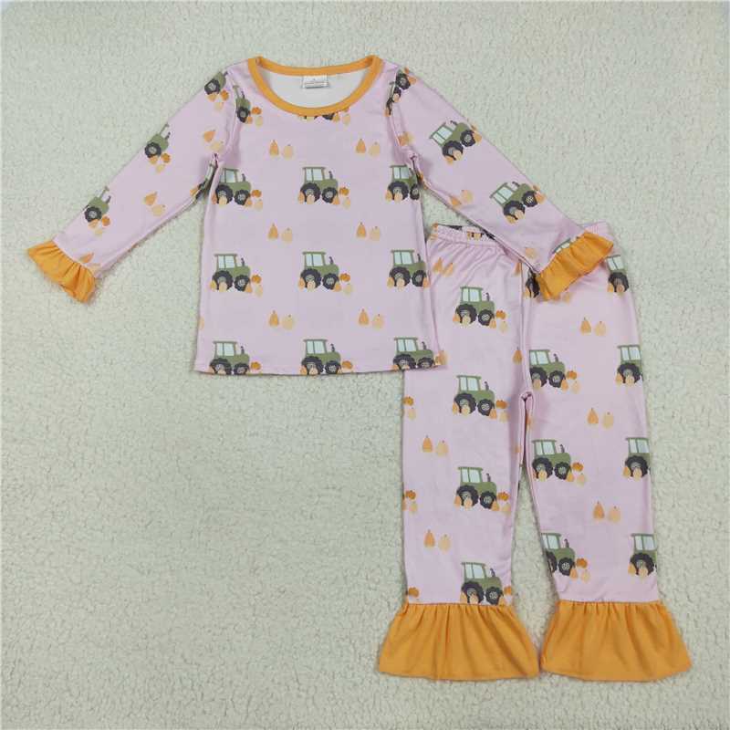 11.10 RTS NO MOQ (In stock) Matching GLP2506 Baby Girls Pink Long Ruffle Sleeves Pumpkins Trucks Top Pant Pajamas Sets