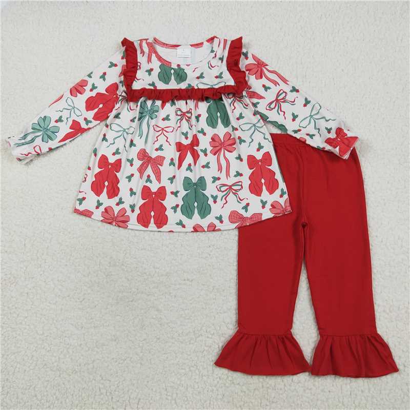 12.10 RTS NO MOQ (In stock)Matching Christmas GLP2346 Baby Girls Christmas Red Green Bows Tunic Ruffle Pants Sets