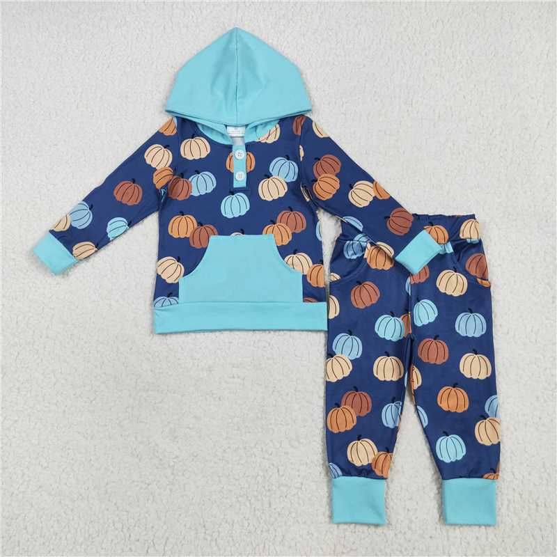 11.4 RTS NO MOQ (In stock)Matching BLP1154 Baby Boys Colorful Pumpkins Pocket Button Hoodies Legging Pants Sets