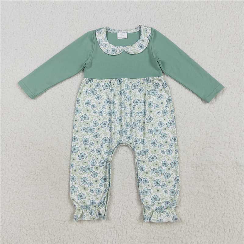 11.25 RTS NO MOQ (In stock)Matching LR2258 Baby Girls Green Long Sleeves Floral Ruffle Pant Rompers
